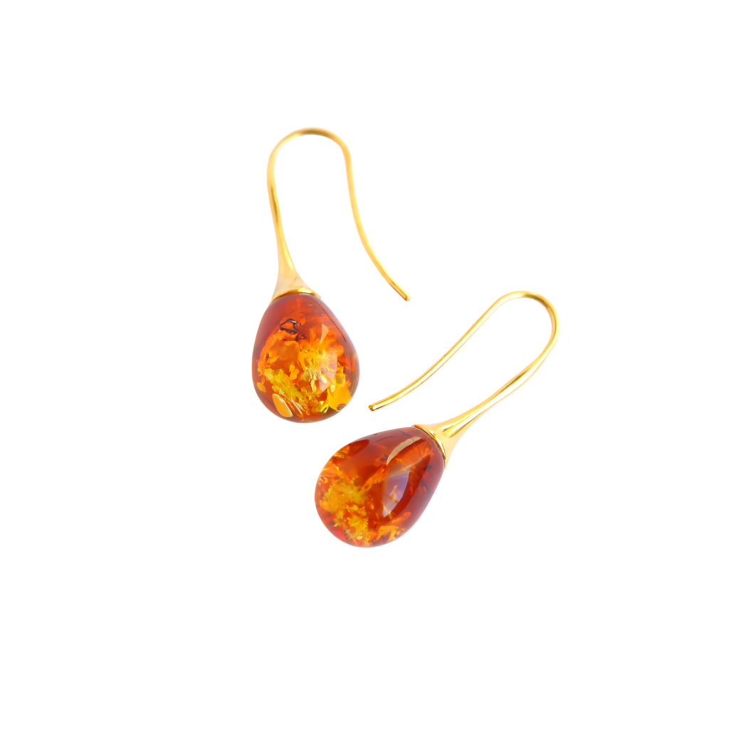 Lithuanian Amber Teardrop Earrings in 14k Gold Plated s925