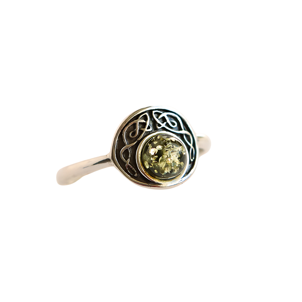 Baltic Green Amber ring in 925 sterling silver with intricate design.