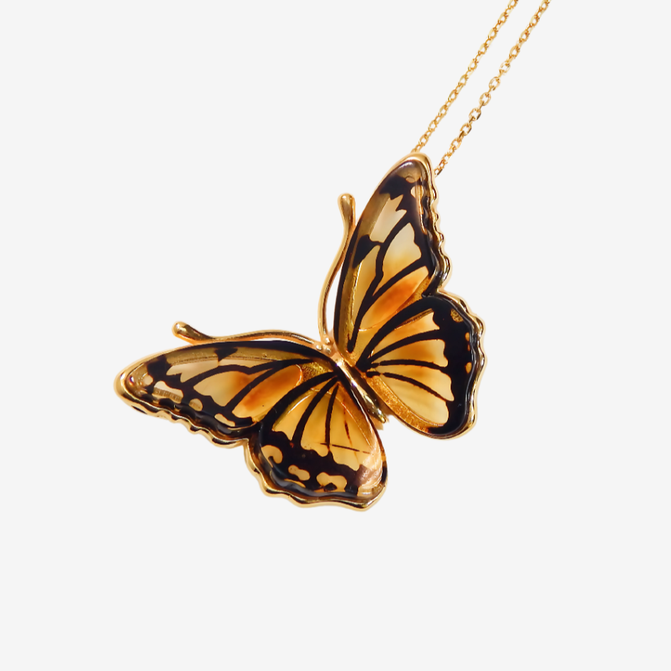 Natural Baltic Amber Monarch Butterfly Pendant Necklace in 14k Gold Plated s925