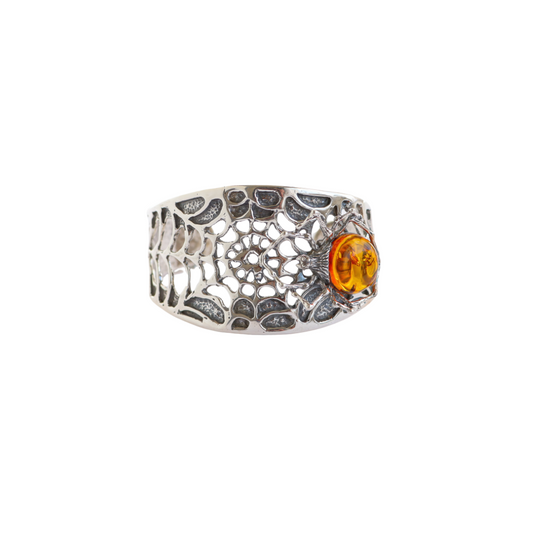 Natural Baltic Cognac Amber Brutalist Spider Cuff Bracelet in 925 Sterling Silver