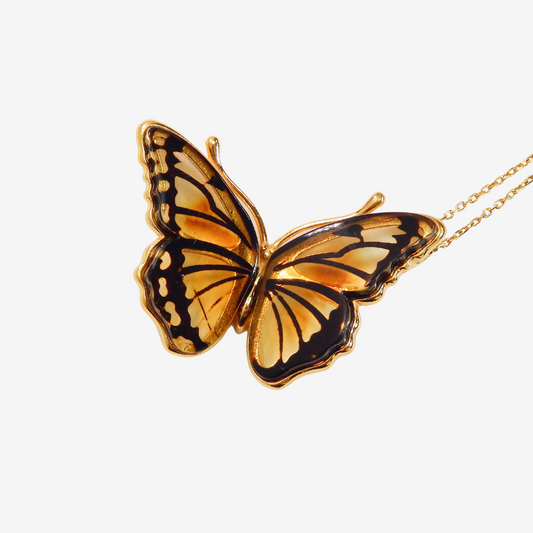 Natural Baltic Amber Monarch Butterfly Pendant Necklace in 14k Gold Plated s925