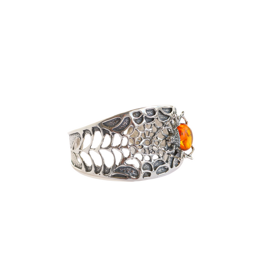 Natural Baltic Cognac Amber Brutalist Spider Cuff Bracelet in 925 Sterling Silver