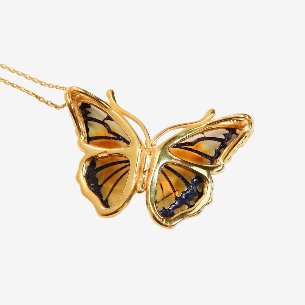 Natural Baltic Amber Monarch Butterfly Pendant Necklace in 14k Gold Plated s925