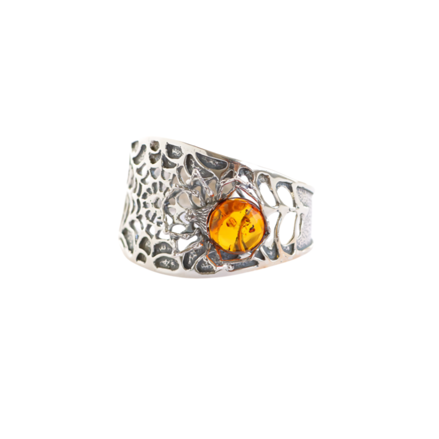 Natural Baltic Cognac Amber Brutalist Spider Cuff Bracelet in 925 Sterling Silver