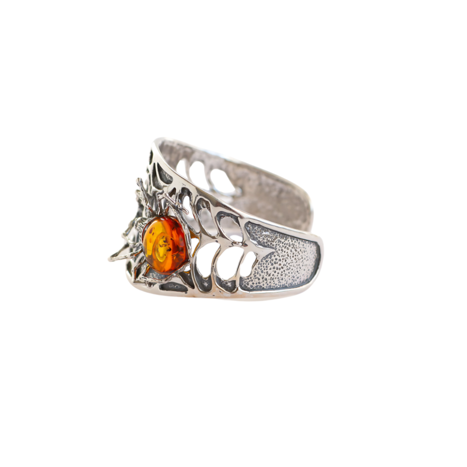 Natural Baltic Cognac Amber Brutalist Spider Cuff Bracelet in 925 Sterling Silver