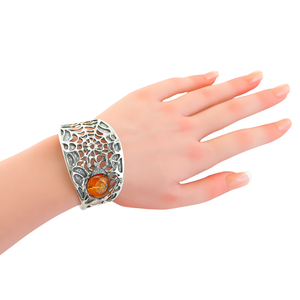 Natural Baltic Cognac Amber Brutalist Spider Cuff Bracelet in 925 Sterling Silver