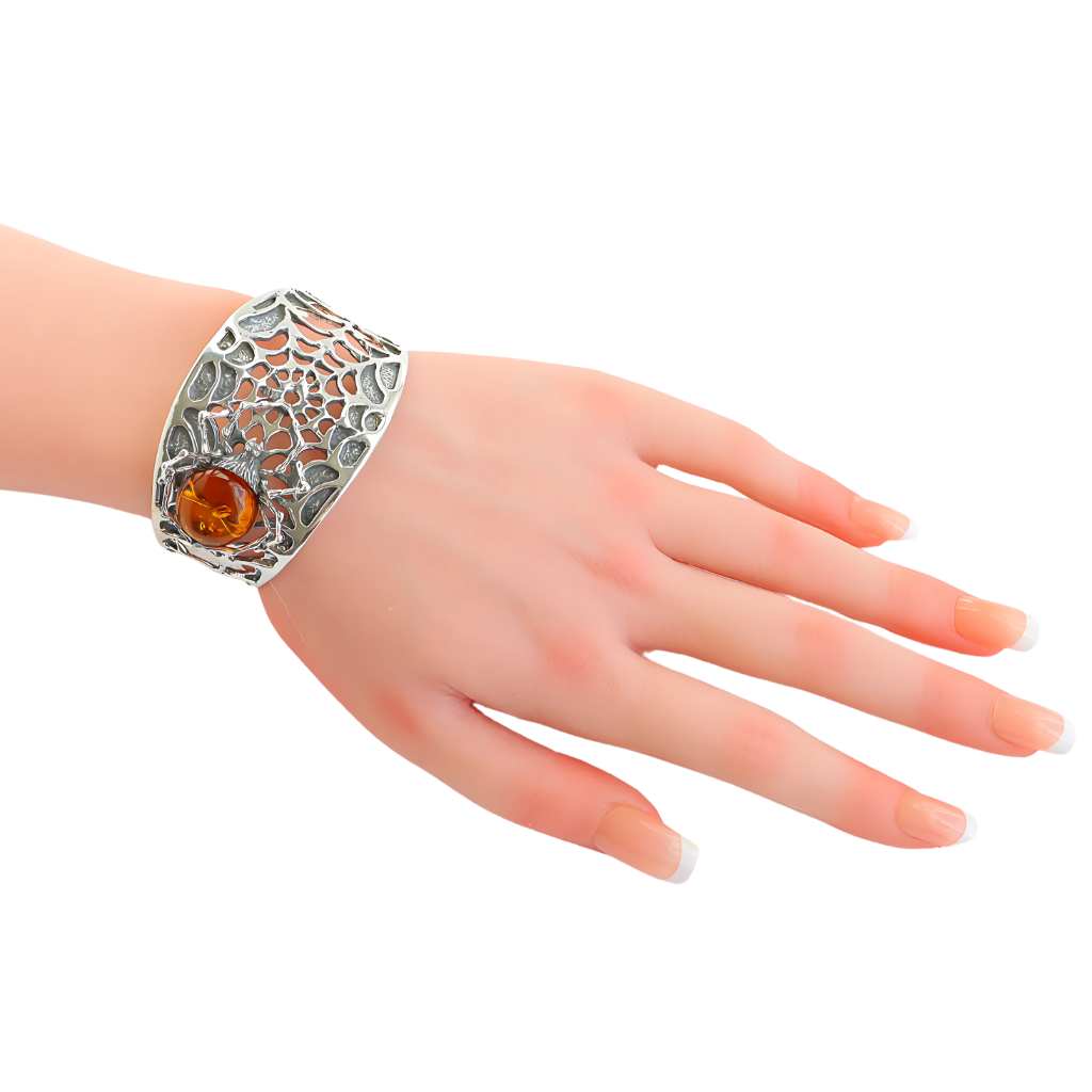 Natural Baltic Cognac Amber Brutalist Spider Cuff Bracelet in 925 Sterling Silver