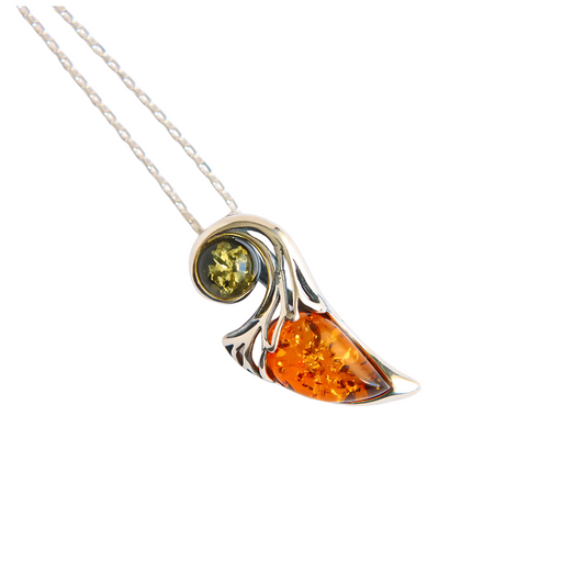 Baltic amber necklace - dagger pendant necklace with cognac and green amber set in 925 sterling silver on a 16-inch chain
