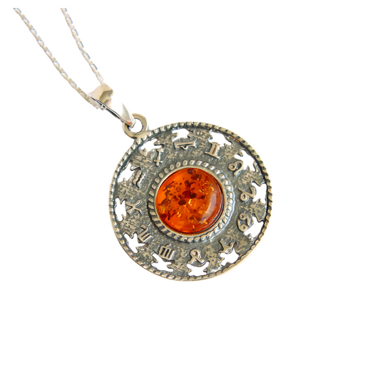 Natural Baltic cognac hieroglyph pendant amber necklace in 925 sterling silver.