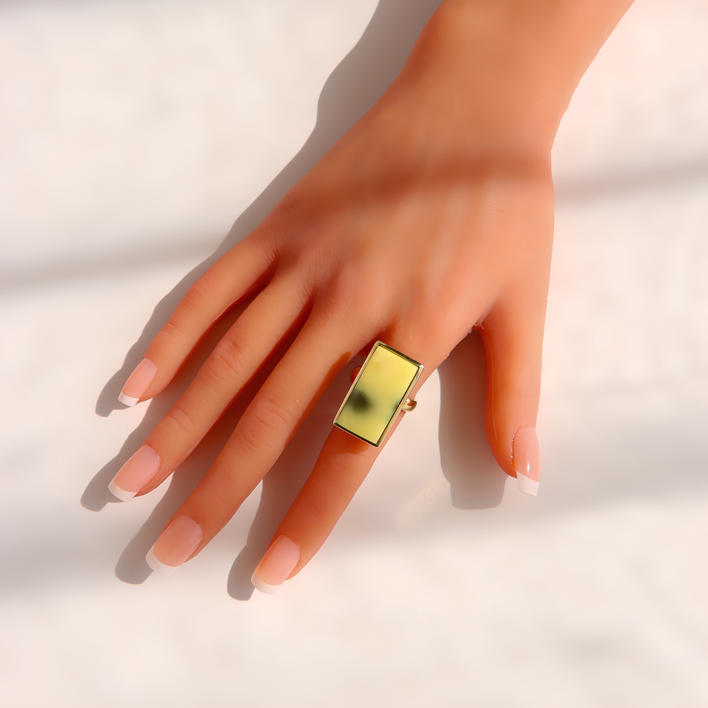 A gold-toned rectangular Baltic amber ring with a green reflective center, worn on a hand with a French manicure against a white background with soft shadows.