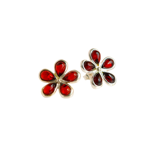 Baltic Cherry Amber Daisy Stud Earrings in 925 Sterling Silver with floral design and rich red gemstones.