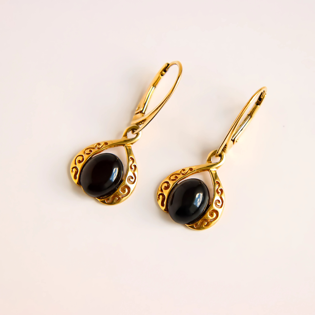 Victorian Gold Earrings-Genuine Cherry Amber in Gold Plated 925 Silver