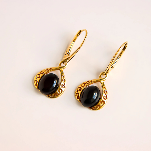 Victorian Gold Earrings-Genuine Cherry Amber in Gold Plated 925 Silver