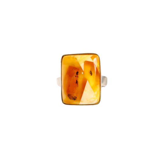 Genuine Baltic butterscotch amber fossil ring with butterscotch hue and insect inclusion in 925 sterling silver.
