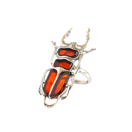 Baltic cherry amber scarab ring in 925 sterling silver with unique design.