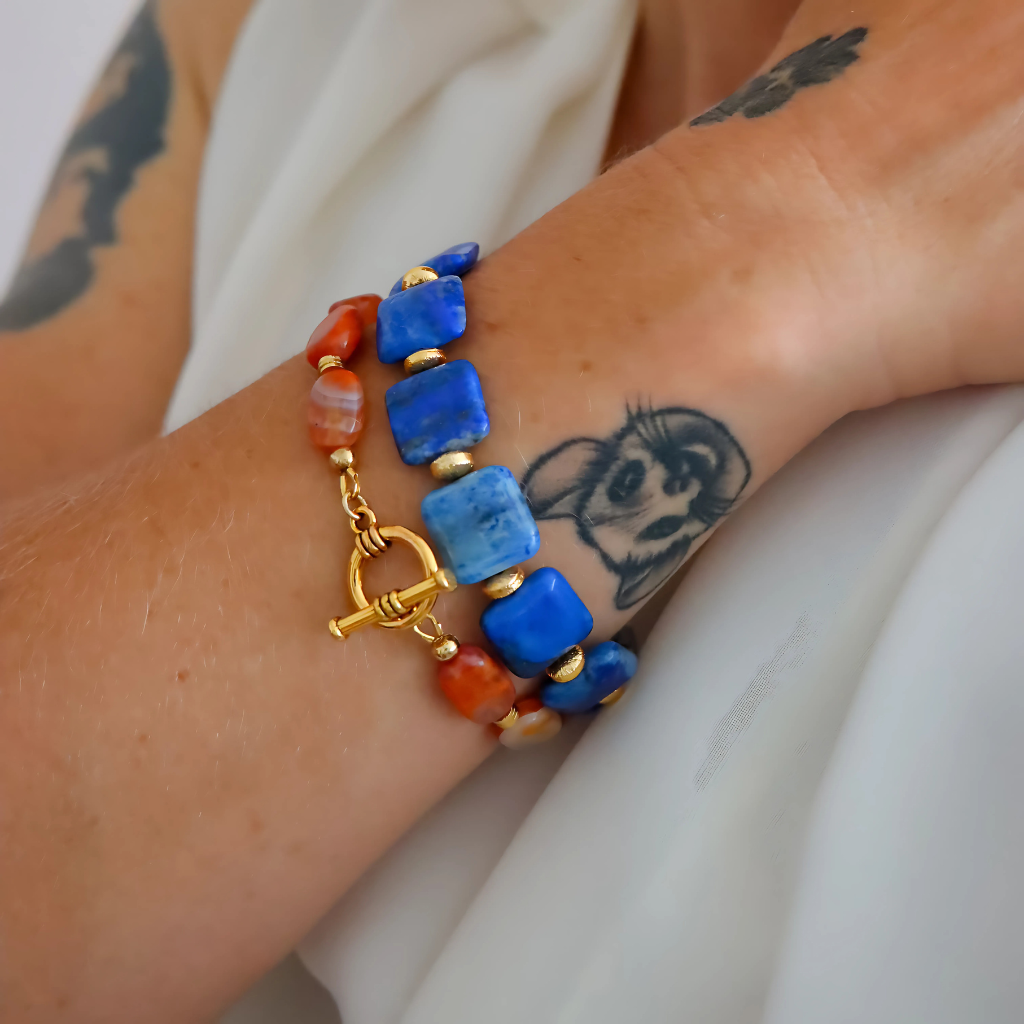 lapis bracelet and fire agate stackable. gold plated