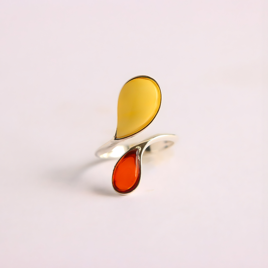 Sterling Silver Ring with two colored teardrop-shaped stones on a light gray background