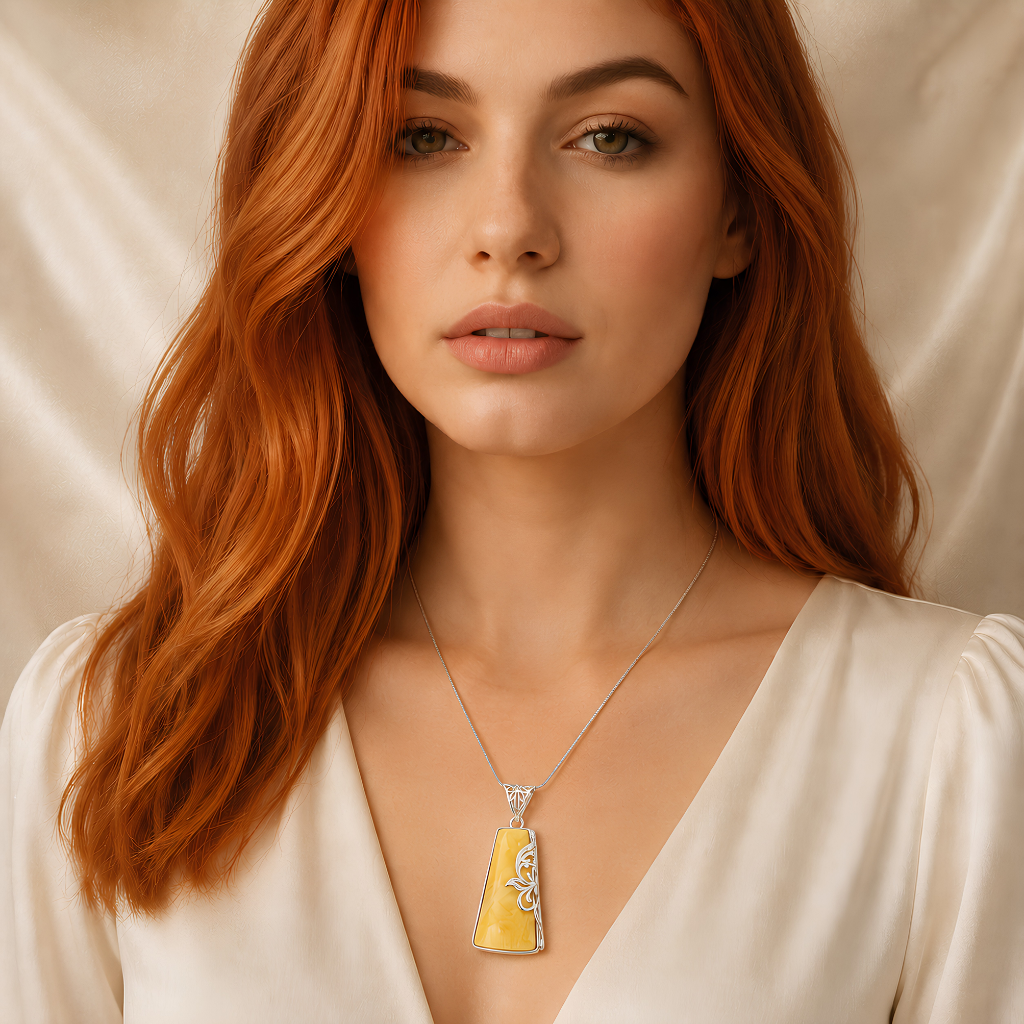 Woman wearing a butterscotch amber necklace with a yellow pendant against a beige background