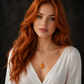 Woman with red hair wearing a white top and an amber pendant necklace against a dark background