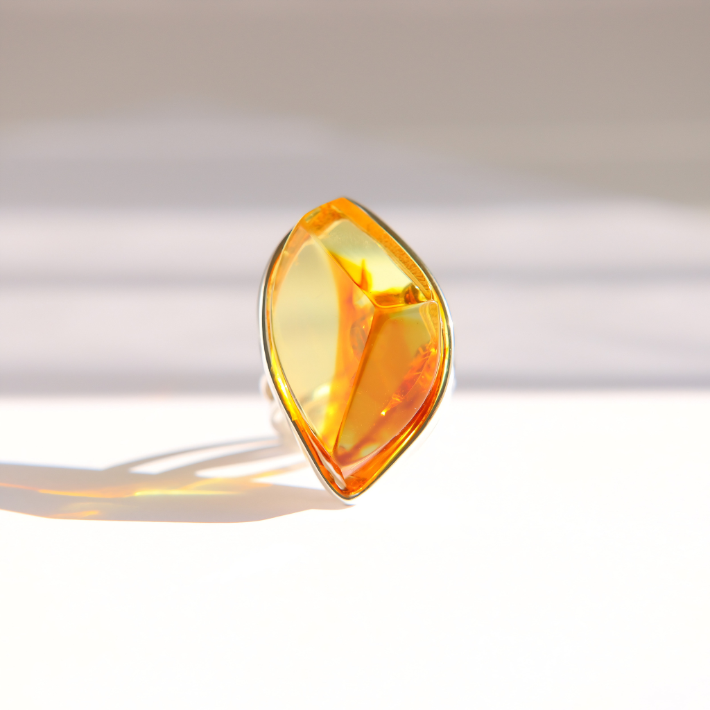 A teardrop-shaped amber gemstone statement ring with a polished silver setting, photographed on a clean white surface with soft shadows.
