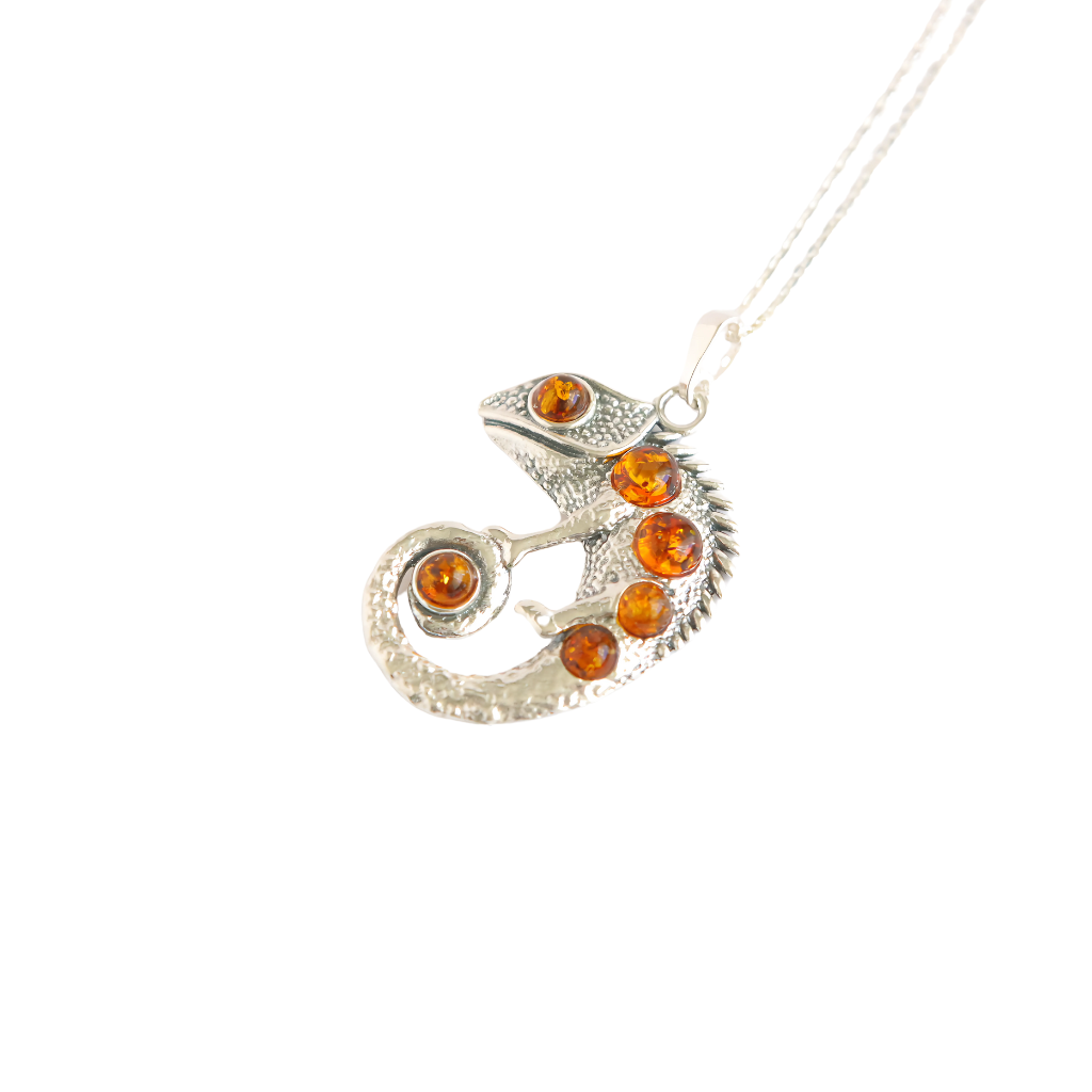 Baltic Amber Chameleon Pendant Necklace in 925 Sterling Silver