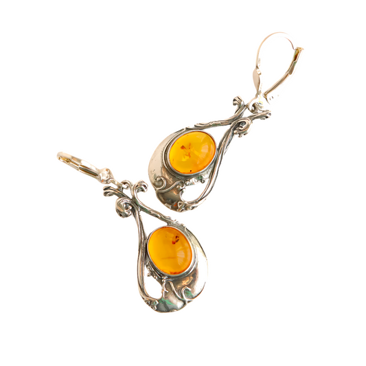Antique design Baltic amber dangle earrings in 925 sterling silver.