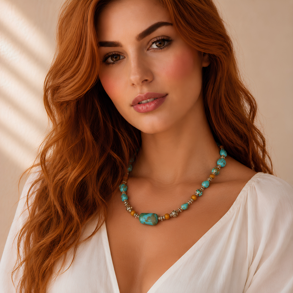 Woman wearing a western turquoise necklace against a neutral background