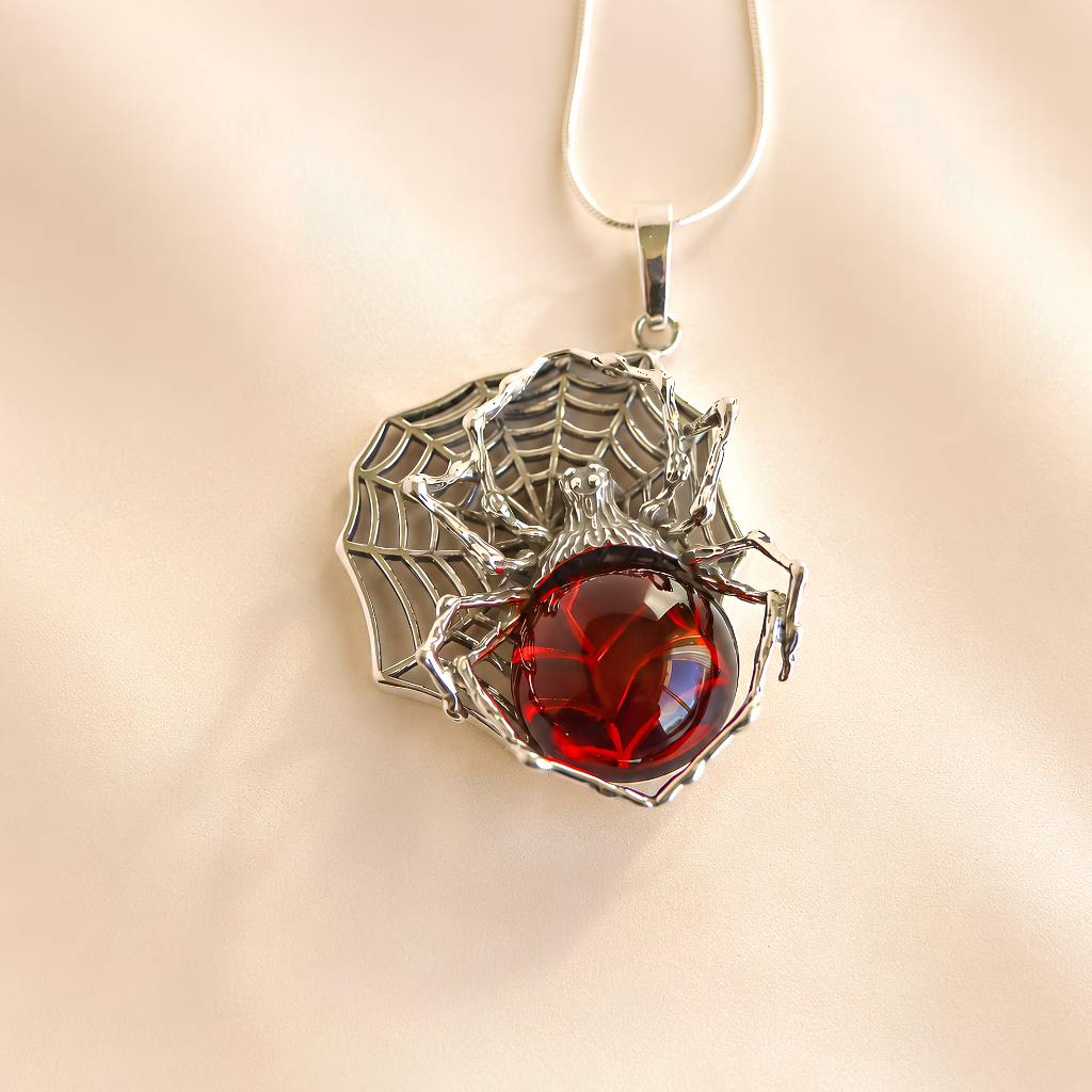 Silver spider pendant amber necklace with a red gemstone on a beige background