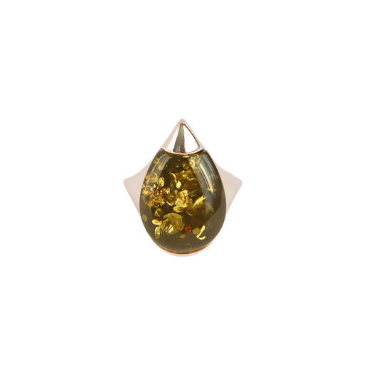 Pear cut green Baltic sea amber ring in sterling silver.