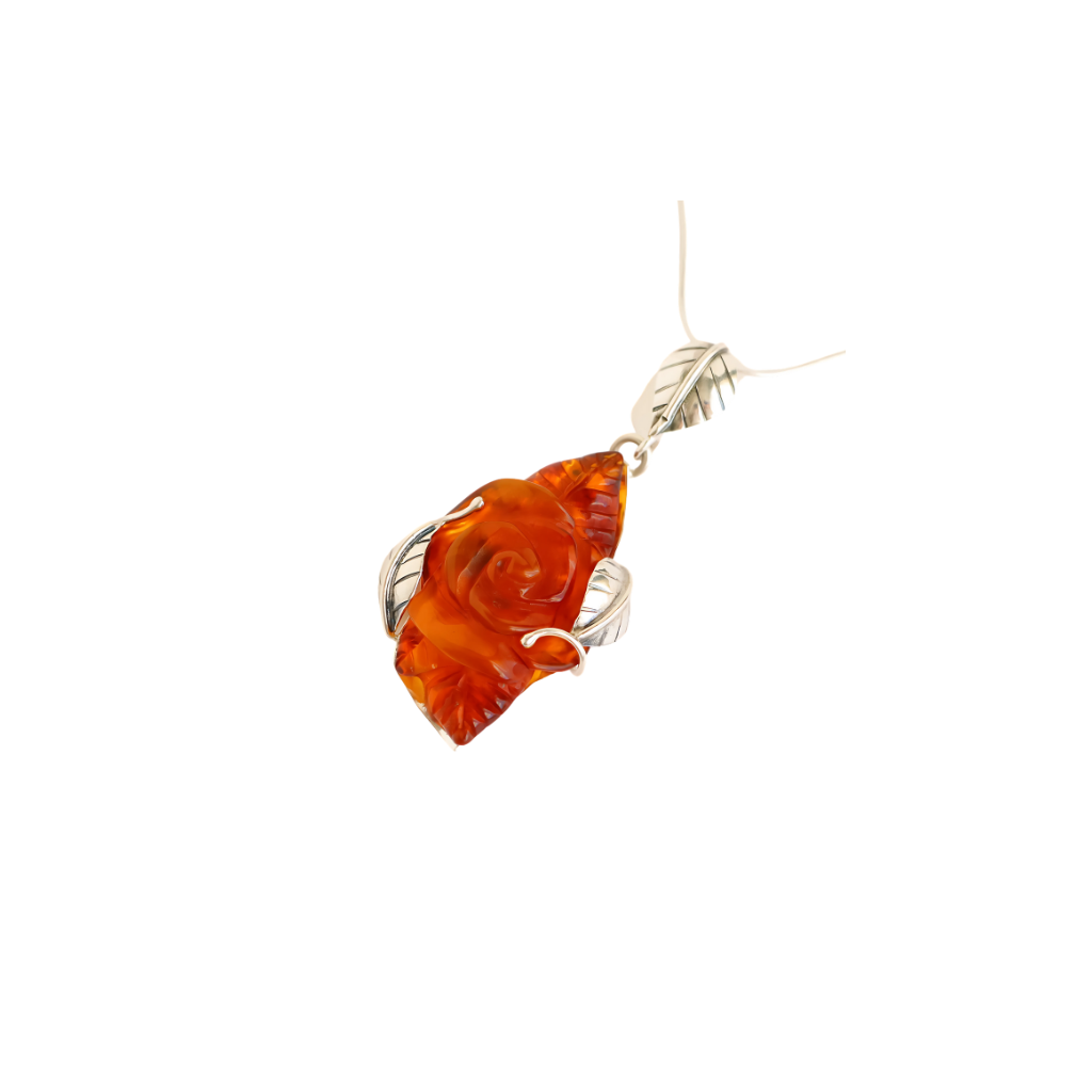 Natural Baltic Cognac Amber Hand-Carved Rose Pendant Necklace in 925 Sterling Silver