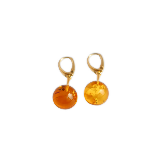 Gold Dangle Earrings| Lithuanian Amber Sphere Modern Earrings