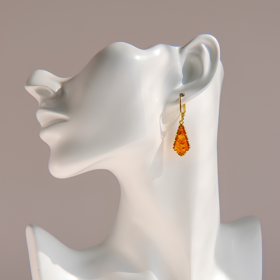 Cognac Baltic Amber Gold Dangle Earrings in Sterling Silver