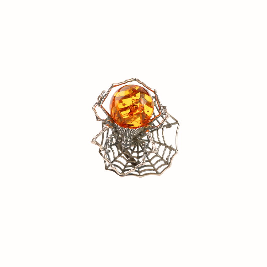 Natural Baltic Cognac Amber Adjustable Spider Statement Ring in 925 Sterling Silver