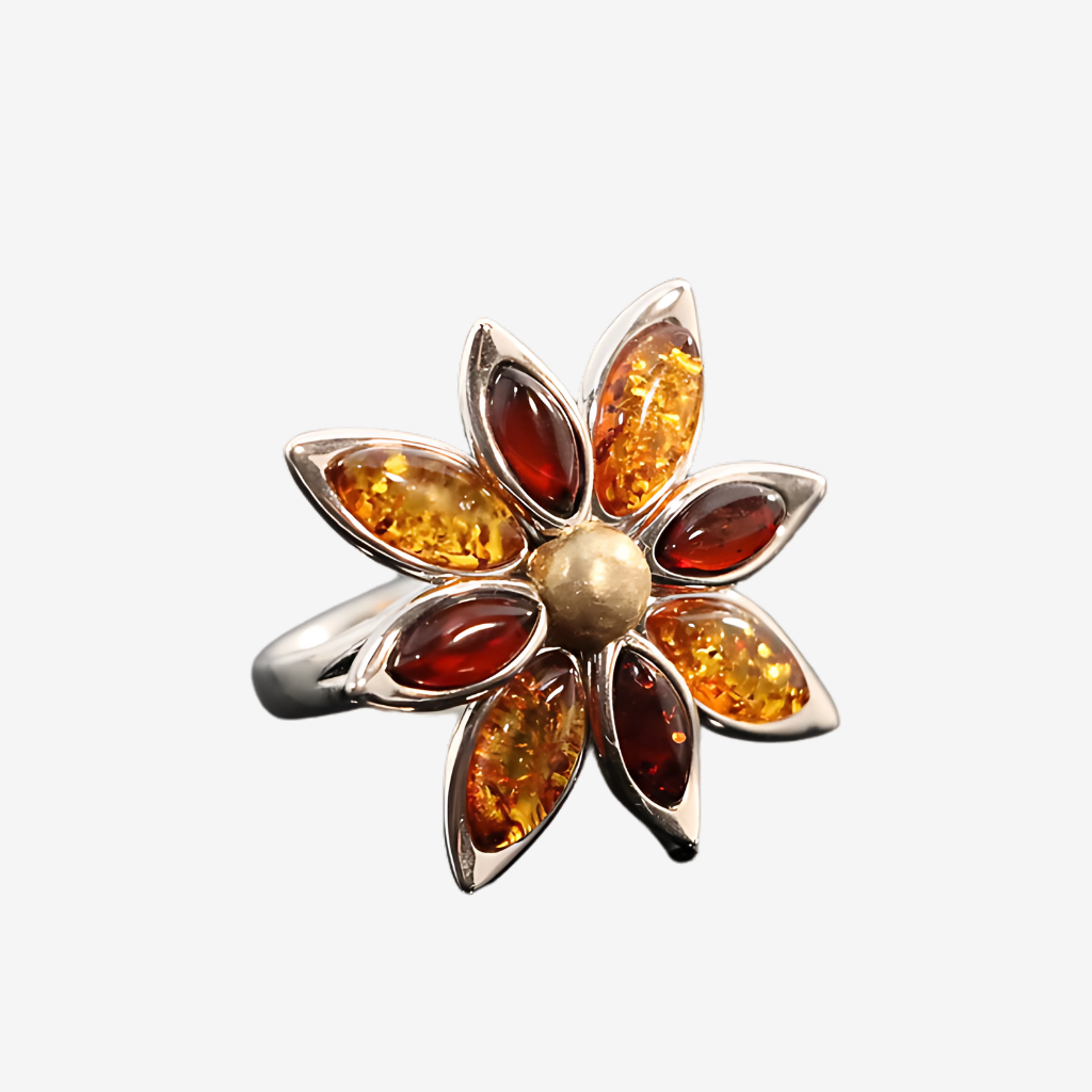 Natural Baltic Cherry and Cognac Amber Flower Statement Ring