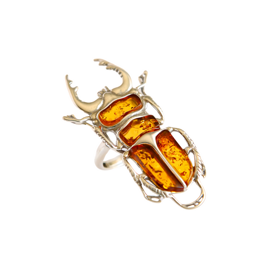 Baltic Amber Scarab Ring in 925 Sterling Silver.