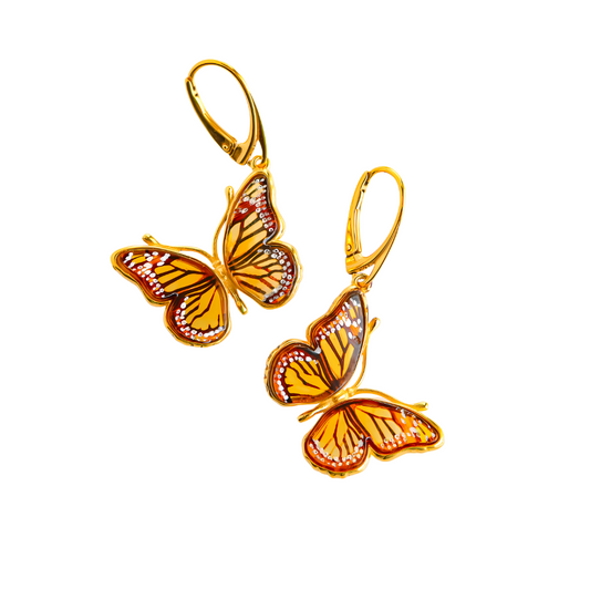 Genuine Baltic amber gold butterfly earrings in 14k gold plated s925 sterling silver.