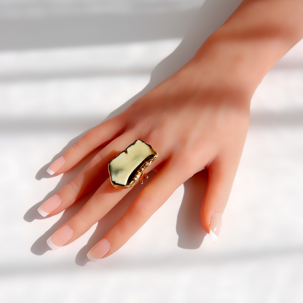 A hand with manicured nails wearing a chunky gold amber statement ring with a large, irregularly shaped light green stone, set against a bright white background with soft diagonal shadows.