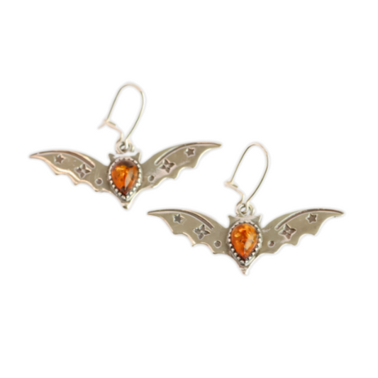 Natural Baltic Cognac Amber Luxury Bat Earrings in 925 Sterling Silver