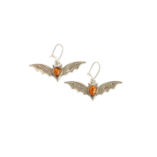 Natural Baltic Cognac Amber Luxury Bat Earrings in 925 Sterling Silver