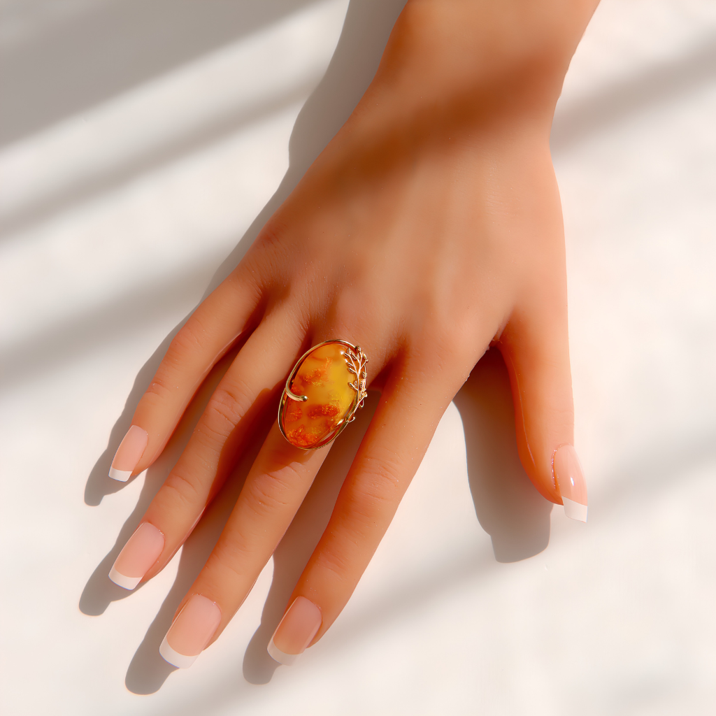 A gold amber ring with an oval amber cabochon gemstone, worn on a hand with a French manicure, set against a bright white background with soft diagonal shadows.