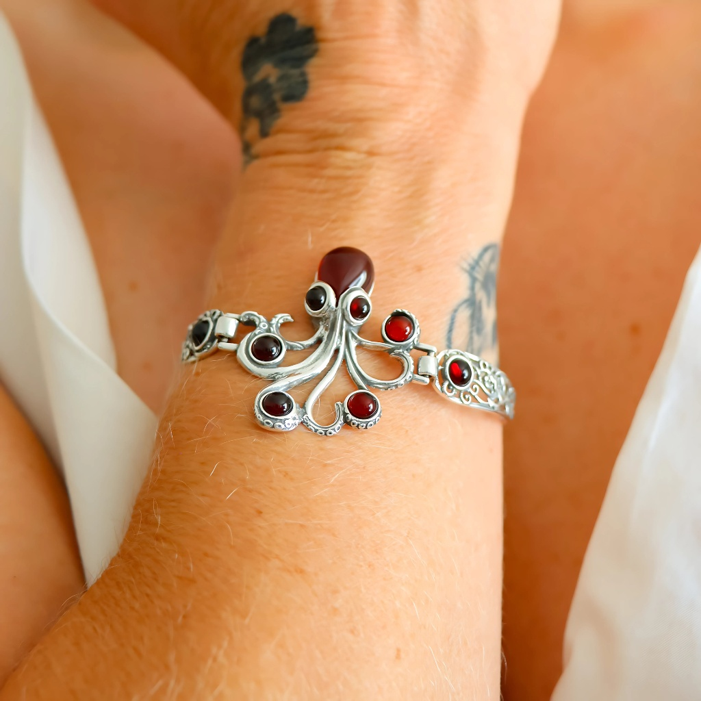 Octopus Bracelet – Baltic Cherry Amber 925 Sterling Silver-Adjustable