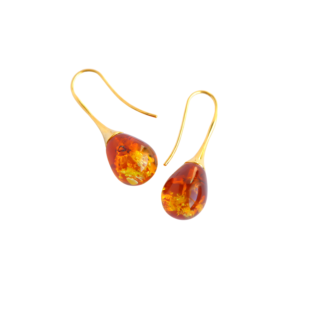 Lithuanian Amber Teardrop Earrings in 14k Gold Plated s925