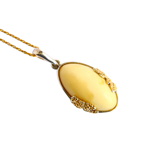 Baltic butterscotch amber grape leaf pendant necklace with 14k gold plated sterling silver on an 18-inch chain