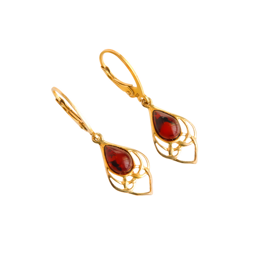 Baltic Cherry Amber earrings with Victorian-inspired filigree design in tarnished 14k gold-plated sterling silver.