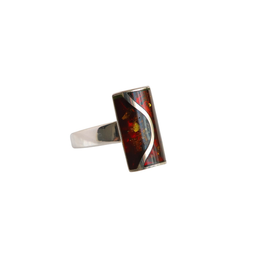 Natural Baltic cherry amber rectangular ring in 925 sterling silver, modern chic design.