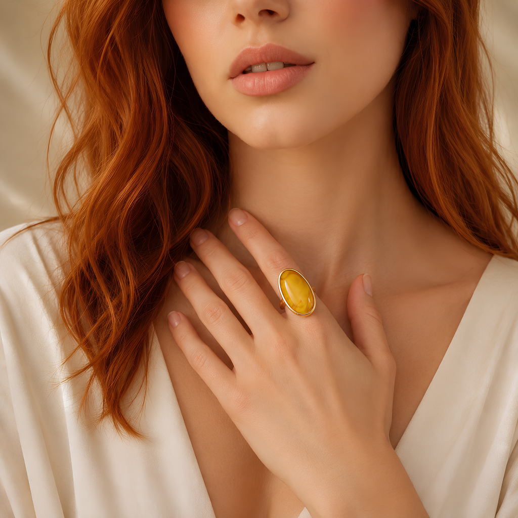 Close-up of a woman wearing a yellow amber ring on her hand, with a neutral background