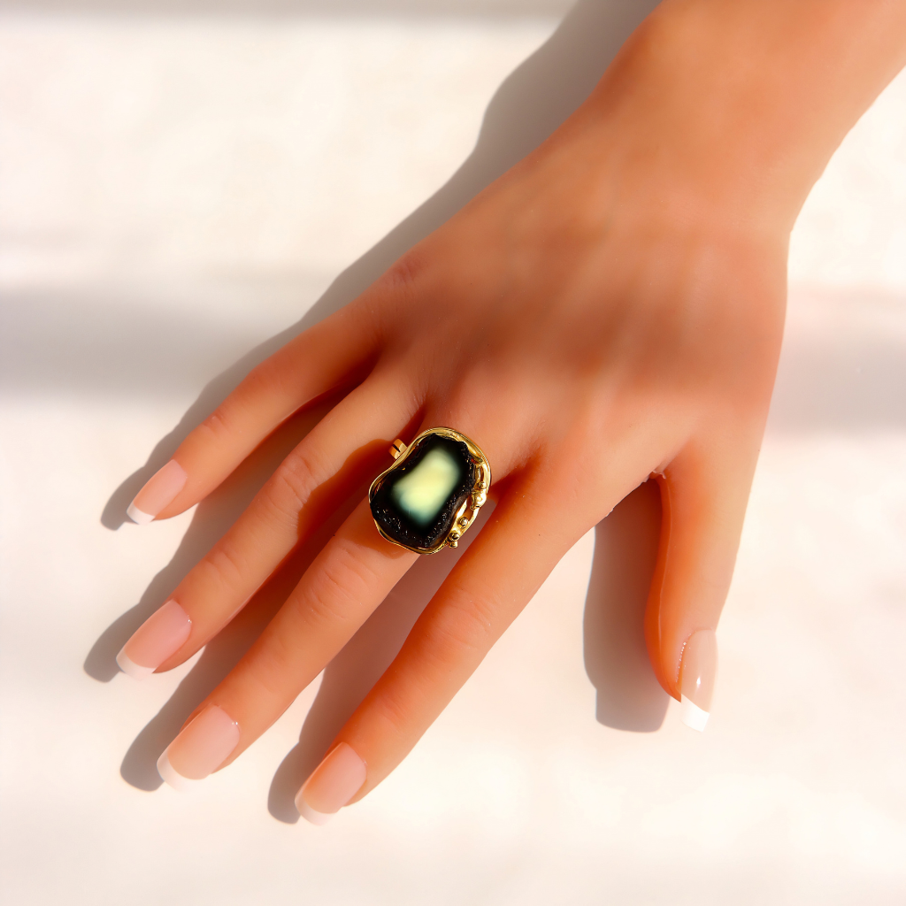 A gold amber ring with a large, irregular dark black and white stone featuring a pale white green center, worn on a hand with manicured nails against a bright, sunlit white background.