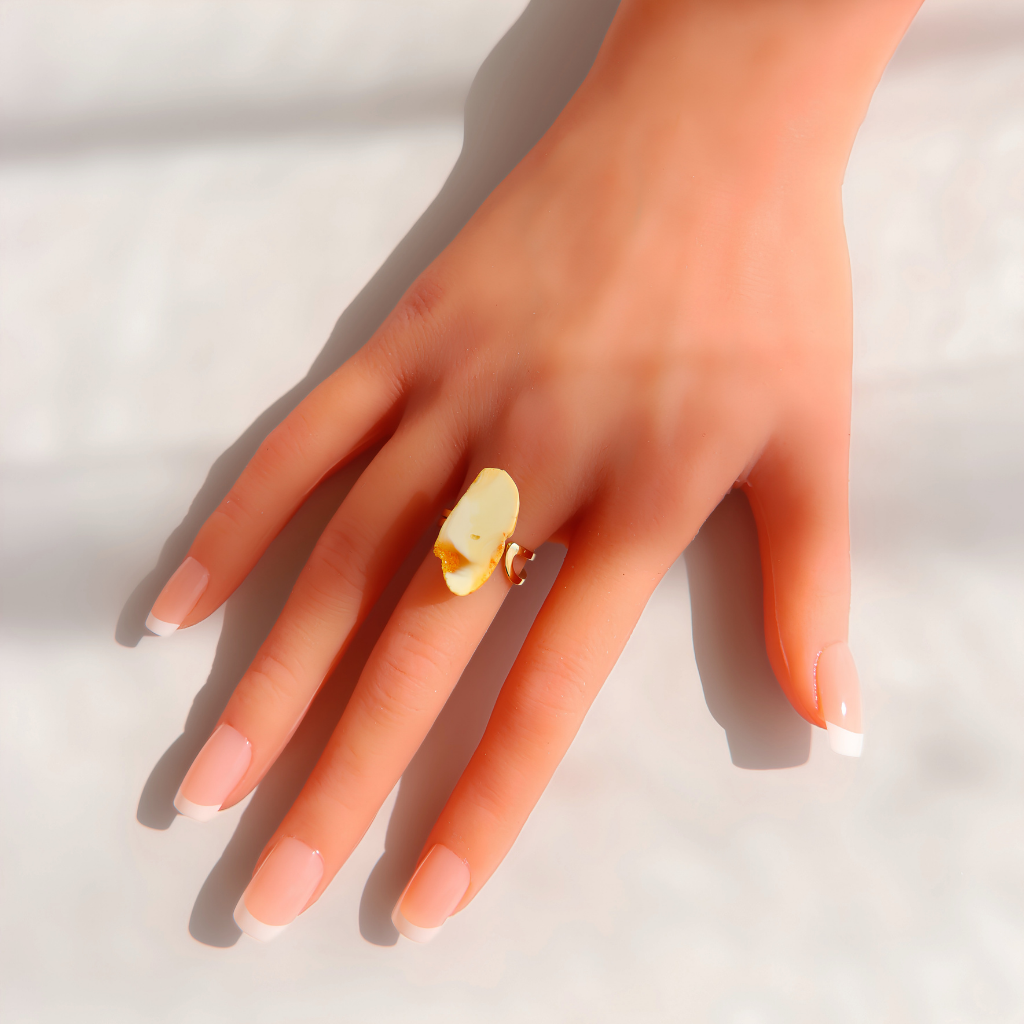 A hand with a French manicure wearing a white amber gold ring with a large, irregularly shaped cream-colored stone, set against a bright, softly shadowed white background.