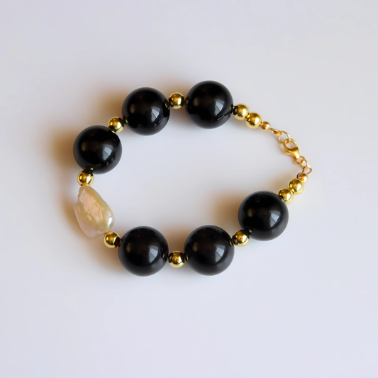 Baltic Cherry Amber Bracelet with Baroque Pearl  – 18k Gold Filled