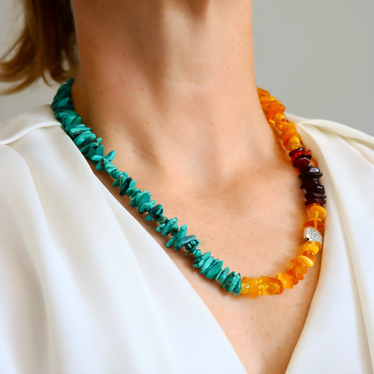 Turquoise Necklace with Baltic Amber- Southwestern Beaded Statement Piece